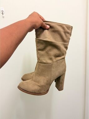 Women’s Taupe Suede Slouchy Mid Calf Boots Chunky Block Heel Western Boho